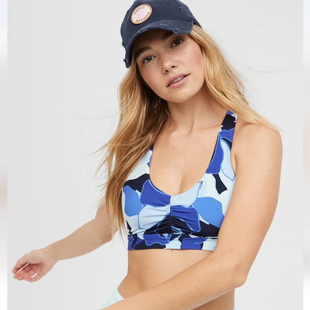 Aerie OFFLINE Real Me Ruched Sports Bra Size XSmall Color Blue Breeze NWT